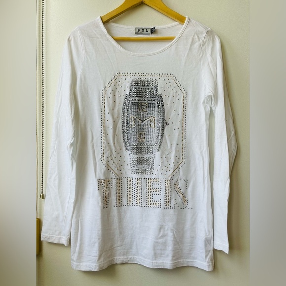 POL White Long Sleeve Graphic Tee With Bling Studs Size Medium NWOT - Picture 1 of 8